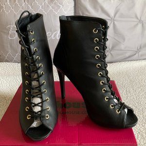 Dollhouse Black Lace Up Peep Toe Bootie